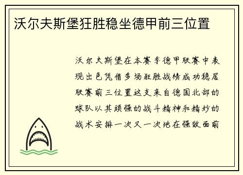 沃尔夫斯堡狂胜稳坐德甲前三位置