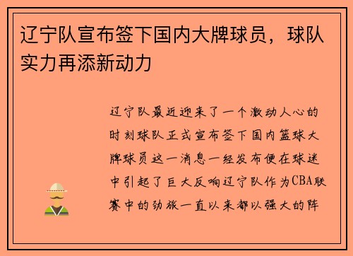 辽宁队宣布签下国内大牌球员，球队实力再添新动力